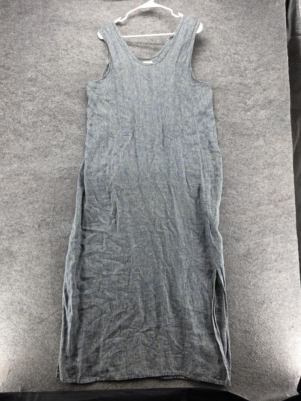 FLAX Dress Womens S Blue Maxi Tank Sleeveless Linen Scoop Neck Pockets